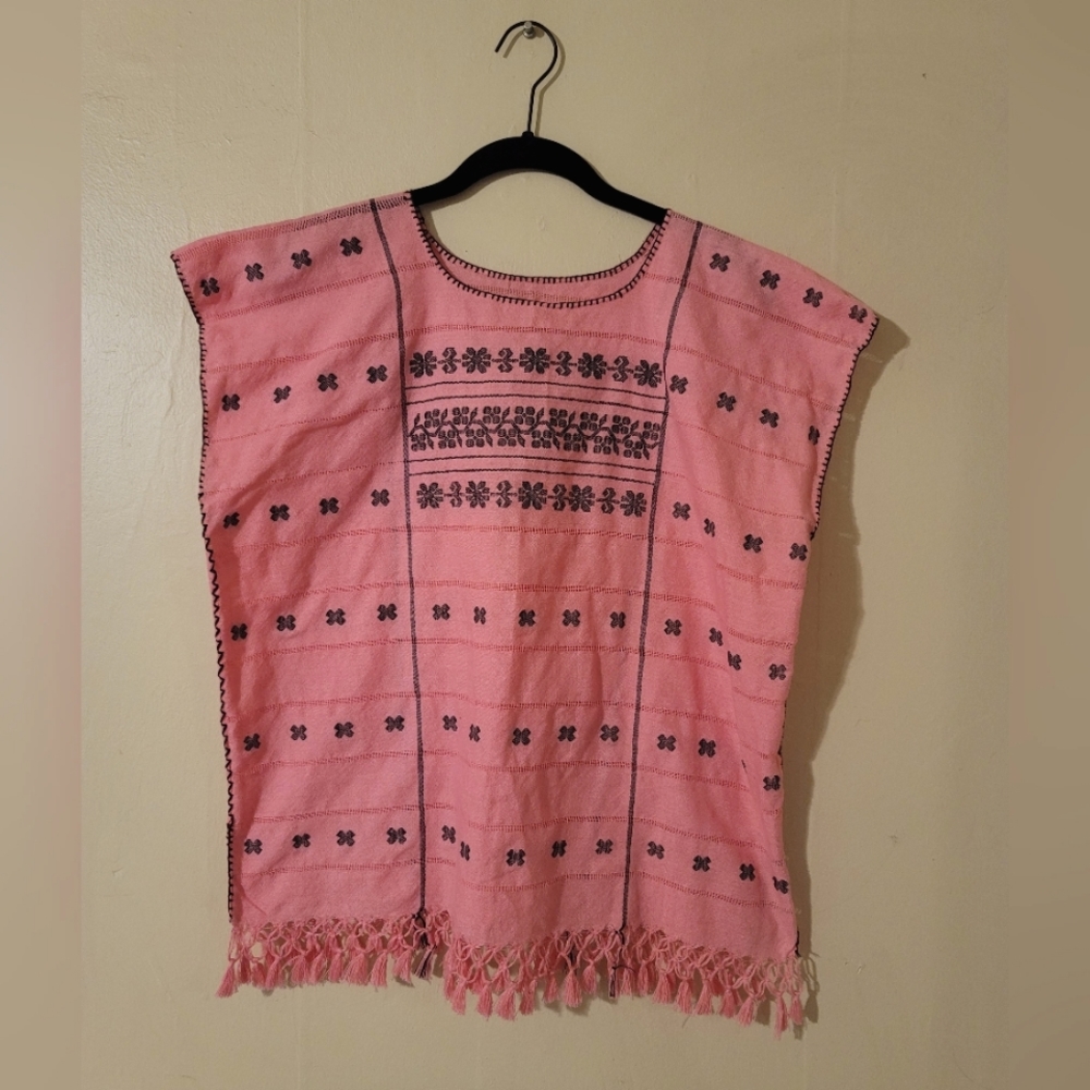 Bubblegum Pink and Black Mexican Embroidery Shirt Boho